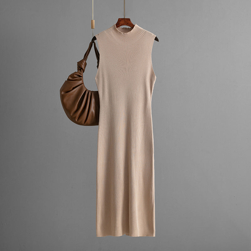 Solid Color Fitted Elastic Knit Sleeveless Pinafore Dress Versatile Bodycon Dress