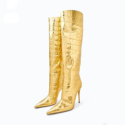 Classic Minimalist Style Design Knee Boots Pointed Toe Slip-on Stiletto Heel High Heels
