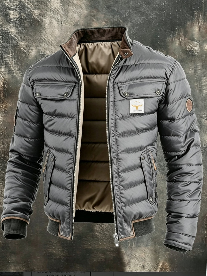 Men's Retro Quilted Zip-Up Jacket with Cotton Filling