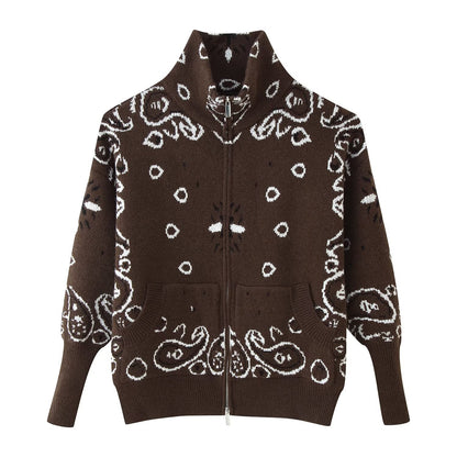 Loose Tricolor Zipper Long Sleeve Cardigan Sweater Jacket