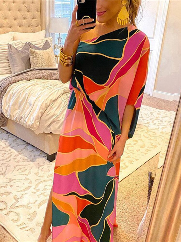 Sexy One Shoulder Midi Dress Women Summer Clothes Boho Print Street Wear Club Party Dresses Beach Holiday Sundresses New