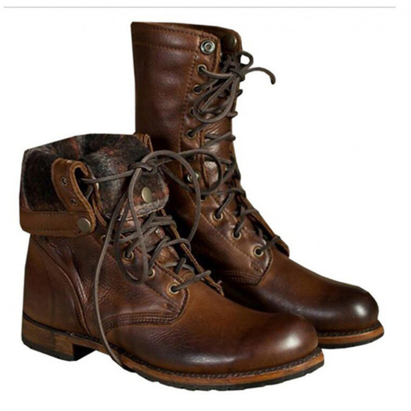 Retro Lace Up Roman Boots Short Boots for Women with Thick Heel