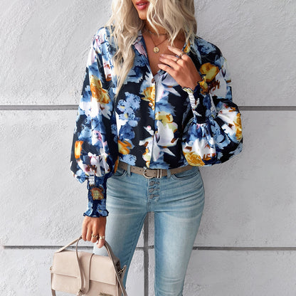 European and American women's clothing Amazon Spring/Summer temperament casual printed lantern sleeve shirt