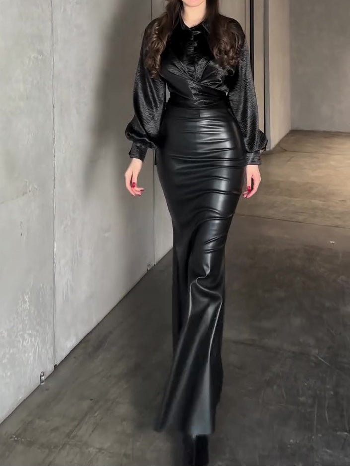 Zwarte maxi-kokerrok van imitatieleer