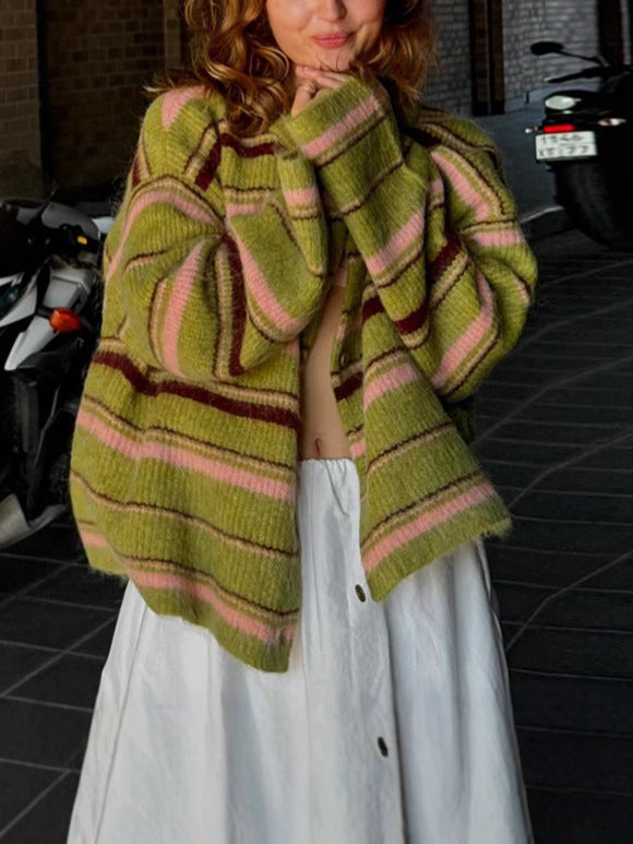 Women's Striped Color-Block Knit Cardigan Top