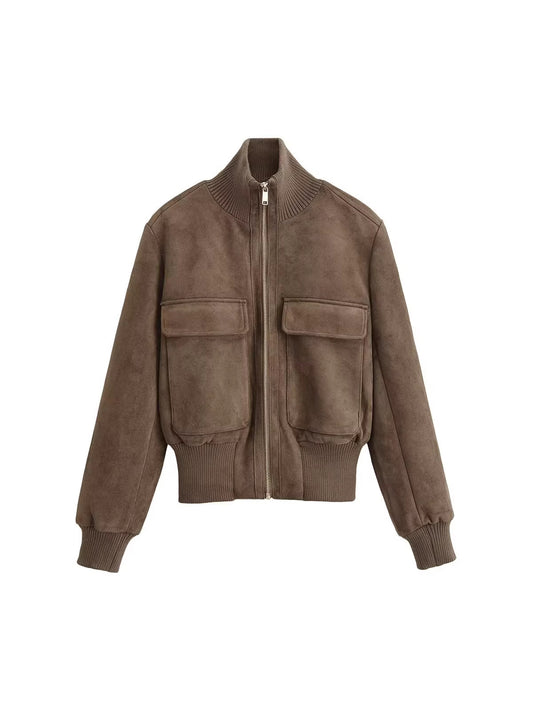 Women's simple stand collar long sleeve bomber jacket