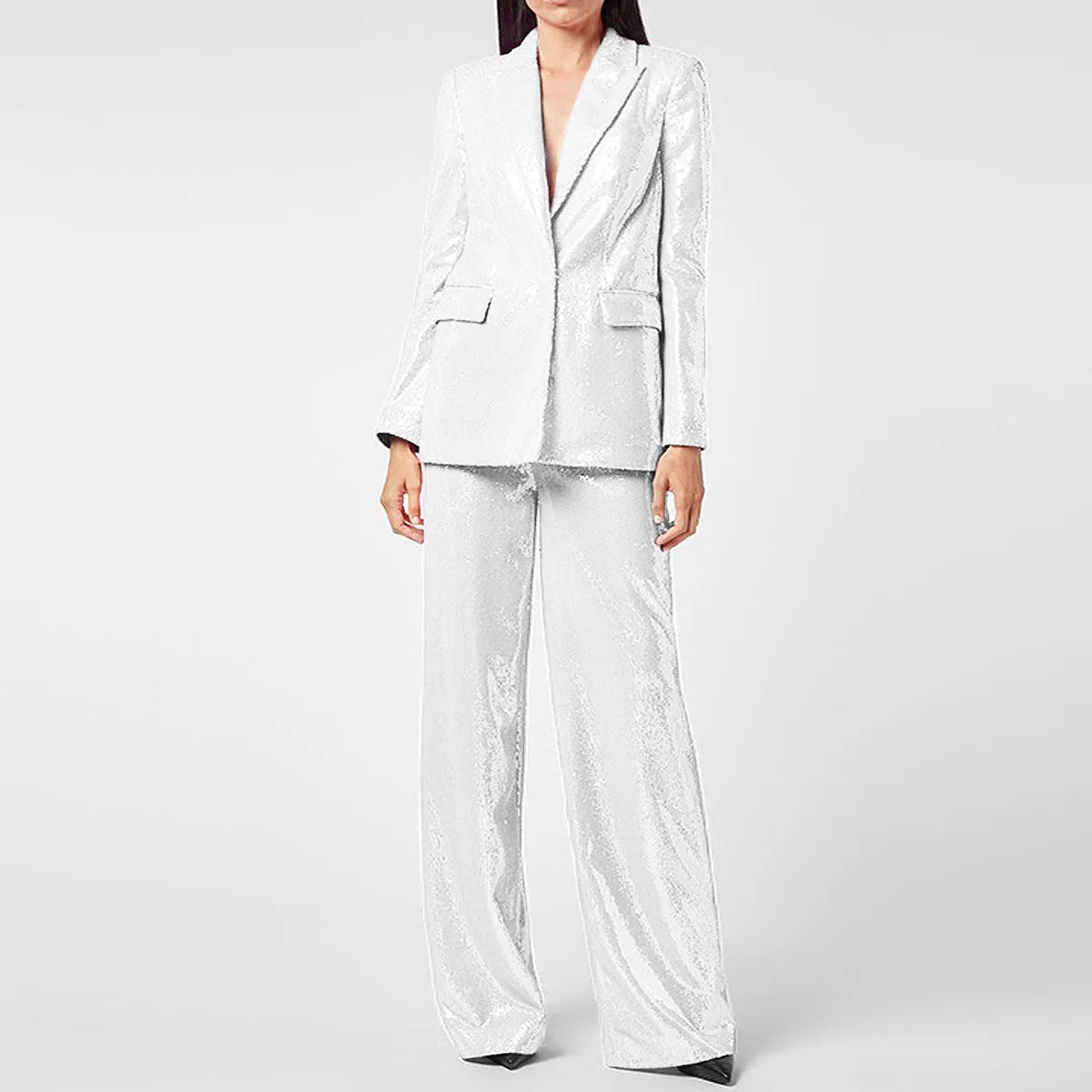 Women Pant Suits  Autumn Elegant Shiny Sequins Blazer Jacket Loose Long Wide Leg Pants Two Pieces Sets New Arrival