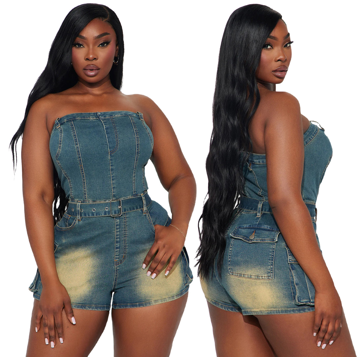 Strapless denim jumpsuit met zakken en ceintuur