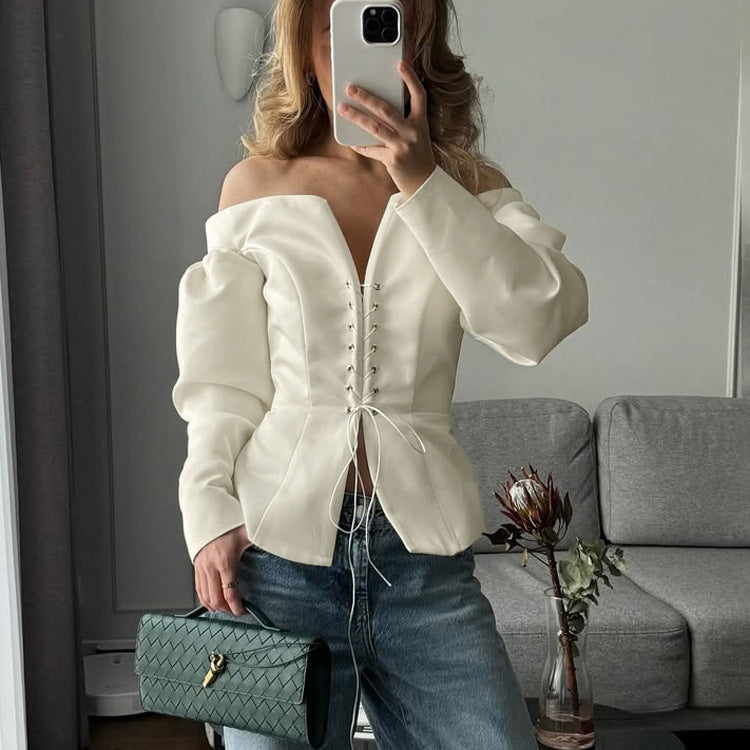One-Shoulder Lace-Up Long Sleeve Top