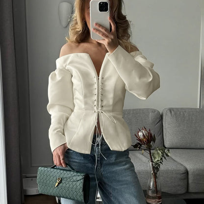 One-Shoulder Lace-Up Long Sleeve Top