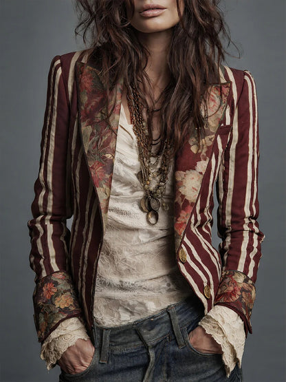 Bohemian Color-Block Striped Slim Fit Blazer for Women