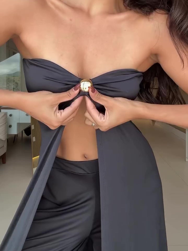 Zwarte lange tubetop en wijde broek set