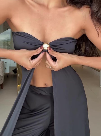 Zwarte lange tubetop en wijde broek set