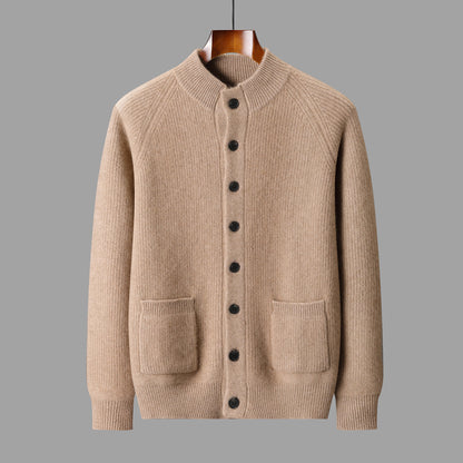 Men's Pure Cashmere V-Neck Cardigan Sweater Solid Color Long Sleeve Buttoned Knitwear