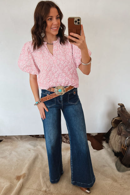 Blouse met pofmouwen en bloemenprint in abrikoosroze jacquardstof