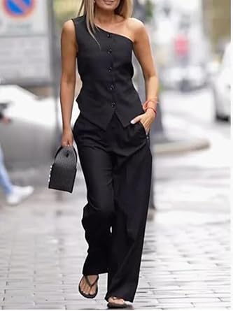 Vest met één schouder en hoog getailleerde broek te combineren als set