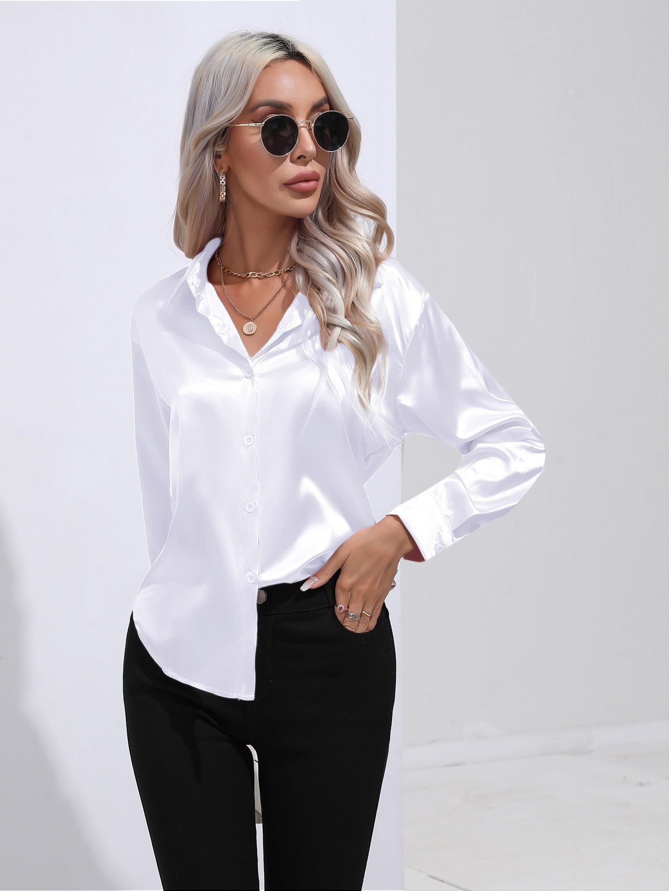 Womens Long Sleeve Satin Shirt