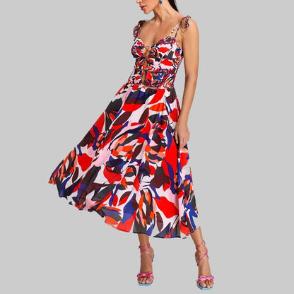 Bohemian dress, large swing beach skirt, summer strap, V-neck print, sleeveless backless new style