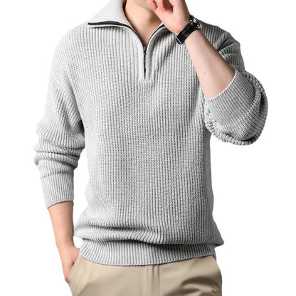 Men's Solid Color Long-Sleeve Turn-Down Collar Knitted Sweater