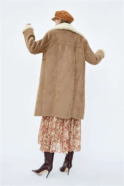 Amerikaanse suède-look casual winterjas met imitatiebont