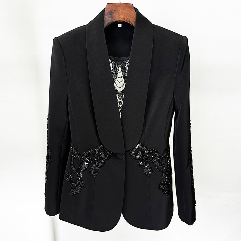 Fashion Mesh Stitching Heavy Industry Beaded Suit Jacket Chiffon Trousers
