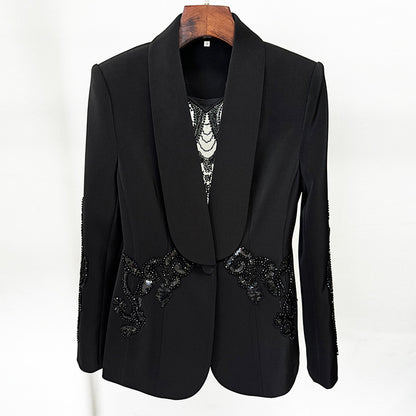 Fashion Mesh Stitching Heavy Industry Beaded Suit Jacket Chiffon Trousers
