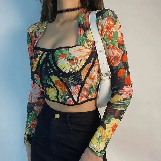 Zomerse top met bloemenprint lange mouwen en sexy vierkante kraag
