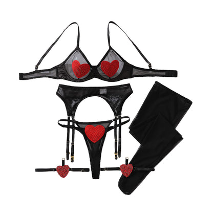 Sheer Mesh Heart-Shaped Lingerie Set with Stockings