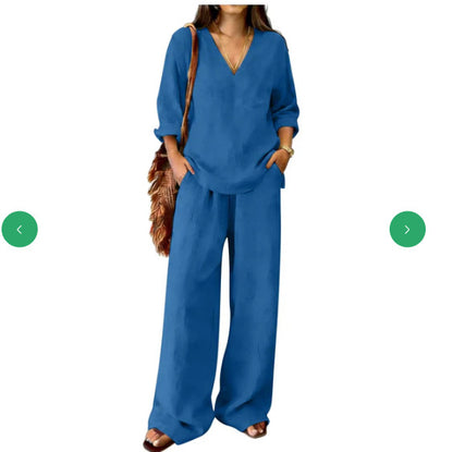 Women's V-Neck Linen Wide-Leg Two-Piece Set