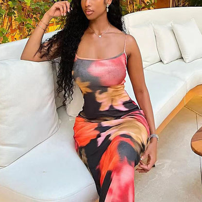 Summer New Women's Strap Printed Knit Dress Long Dress