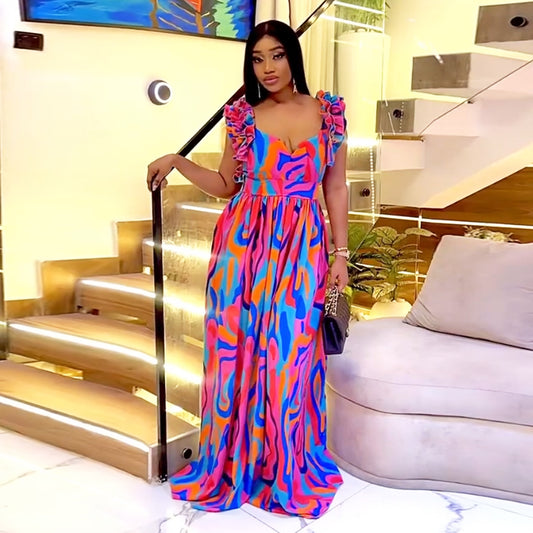 Amerikaanse bedrukte elegante maxi-jurk met geplooide schouderband