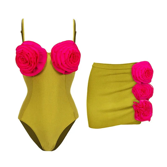 Women Swimwear Color Block 3D Flower One Piece Swimsuit and Skirt  Bikini Sets Beachwear Bathing Suit