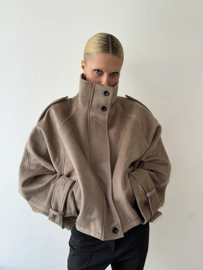 Womens Stand Collar Wool Blend Coat