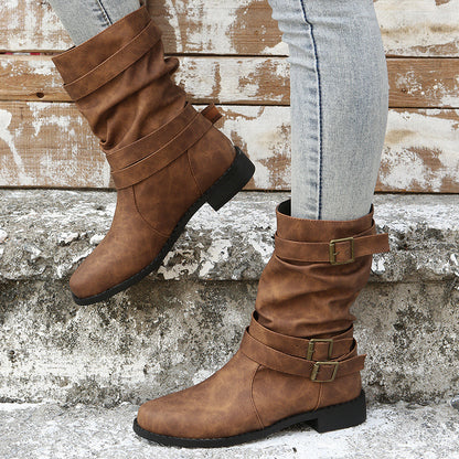 Womens Belt Buckle Low Heel Mid-Calf PU Leather Martin Boots