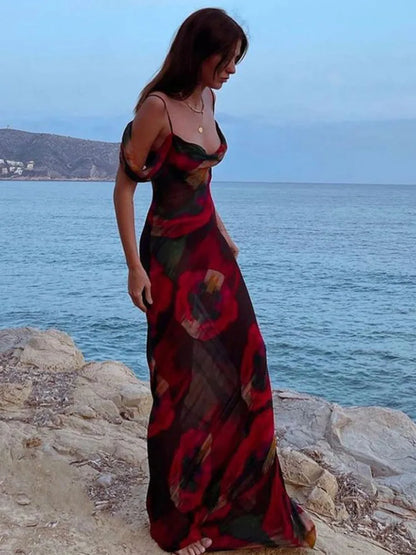 Women Summer Elegant Print Slip Mesh See Through Maxi Dress Beach Holiday Sleeveless Party Dresses Vestidos