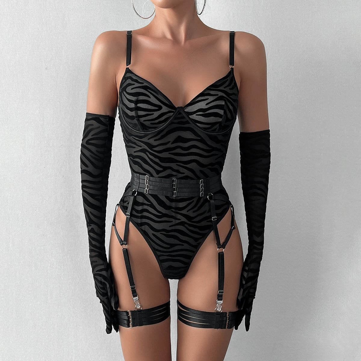 Sexy Lingerie One-Piece Bodysuit with Gloves and Bandage Transparent Mesh Underwear