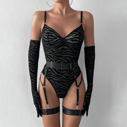 Sexy Lingerie One-Piece Bodysuit with Gloves and Bandage Transparent Mesh Underwear