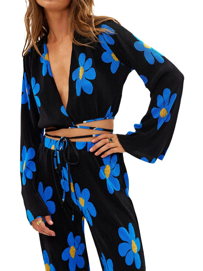 Floral Print Two-Piece Pants Suits Spring Summer Casual Women Pleated Sets Long Sleeve Tie Up Crop Tops+Loose Pants