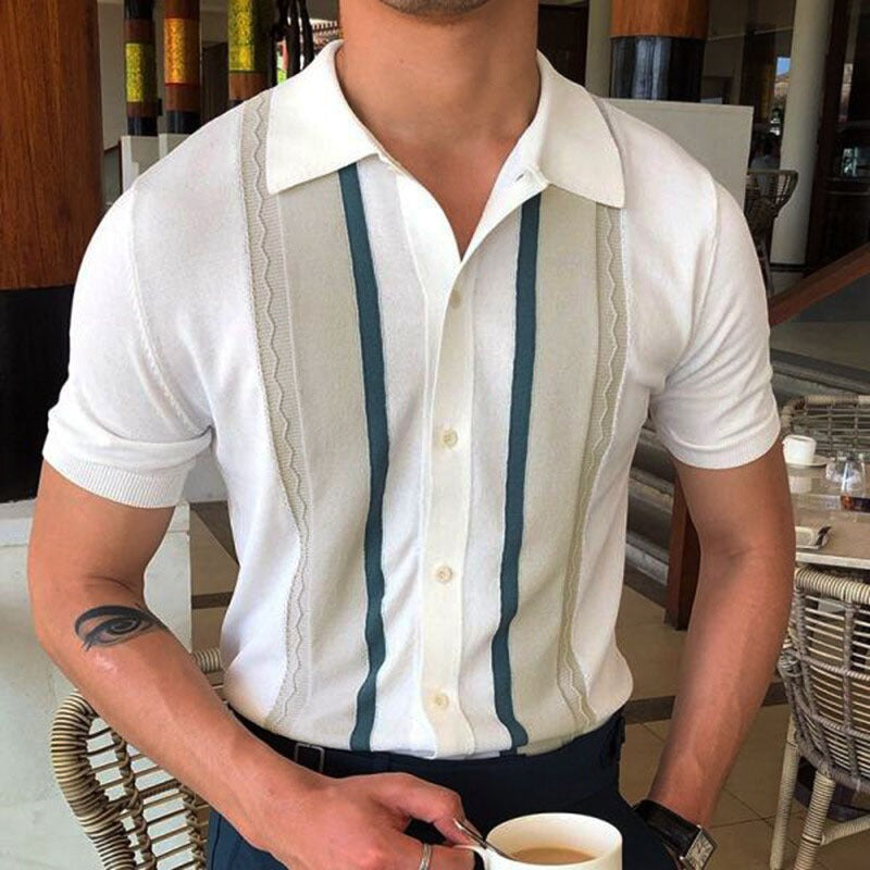 Summer New Men's Knitted Shirt Lapel Pullover Casual Stripe Polo Shirt Father's Day gift