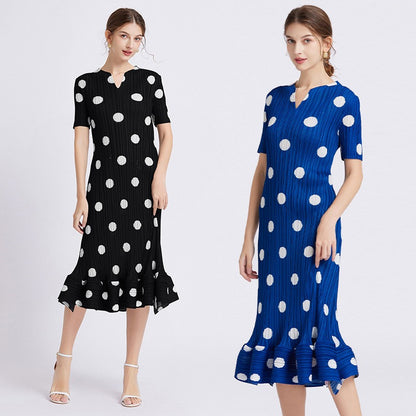 Dress for women with polka dot print, elegant, loose, slim, short-sleeved, summer pleated A-line skirt