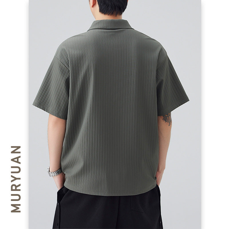 Style Button-Down Collar Polo Shirt Men's Nylon Quick-Dry Stripe T-Shirt
