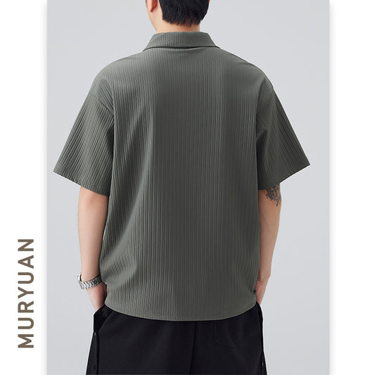 Style Button-Down Collar Polo Shirt Men's Nylon Quick-Dry Stripe T-Shirt