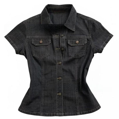 Womens Retro Denim Shirt Short Sleeve Lapel Pocket
