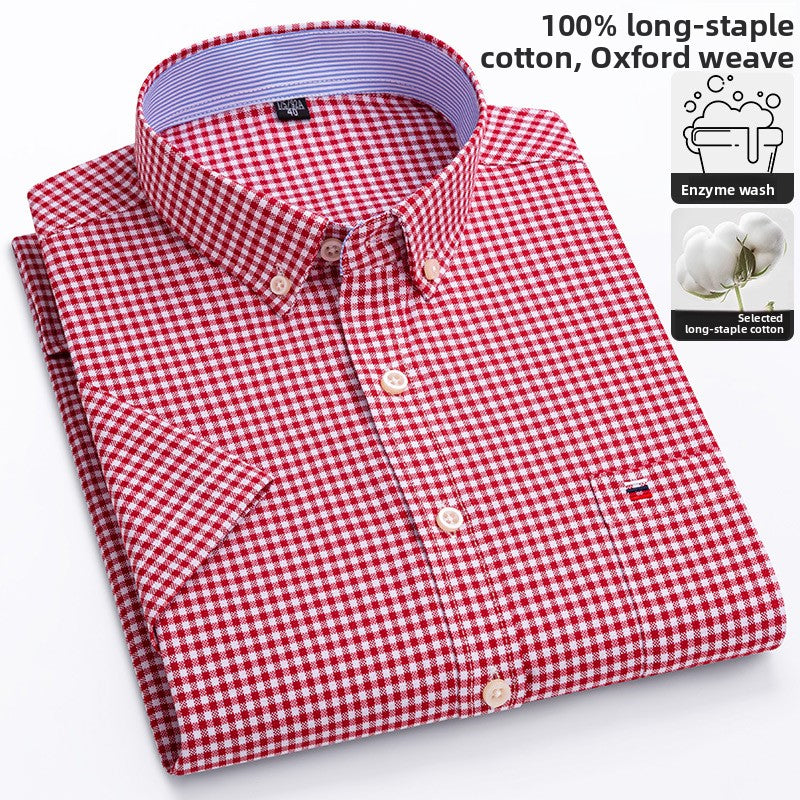 Men's 100% Cotton Plaid Short Sleeve Shirt Oxford Casual Square Collar