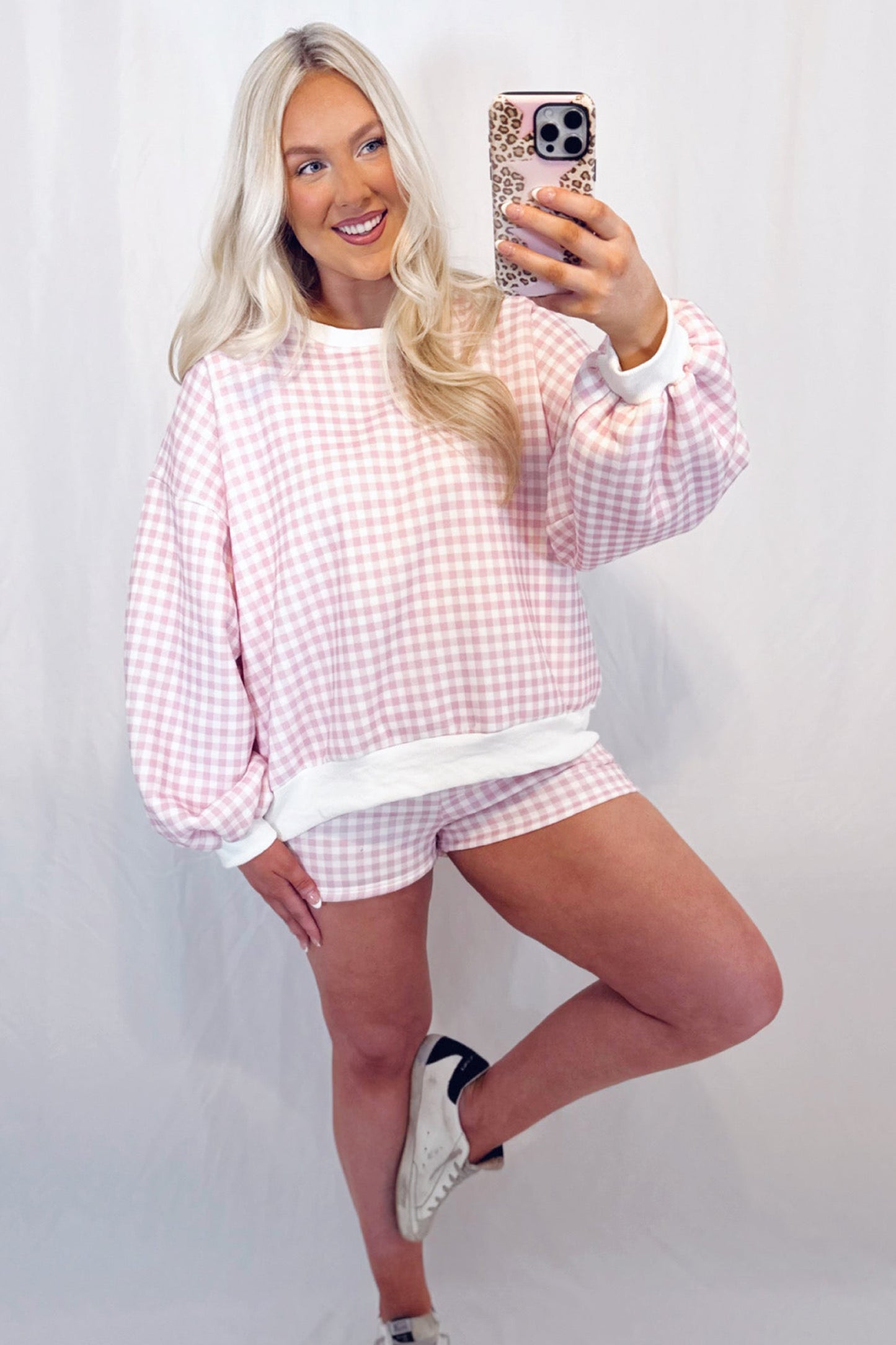 Geruite baggy pullover met trekkoord en casual shorts 2-delige set
