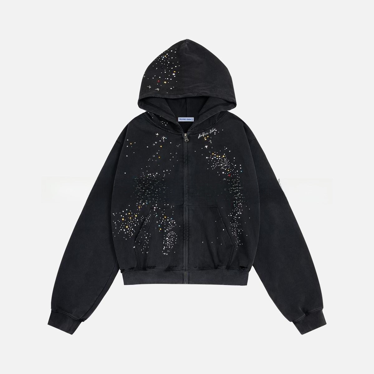 Rhinestone Hooded Sweatshirt Retro Washed Unisex