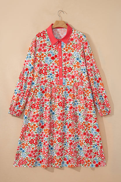 Plus size mini-jurk met knoopsluiting V-hals luipaard of bloemenprint losse pasvorm