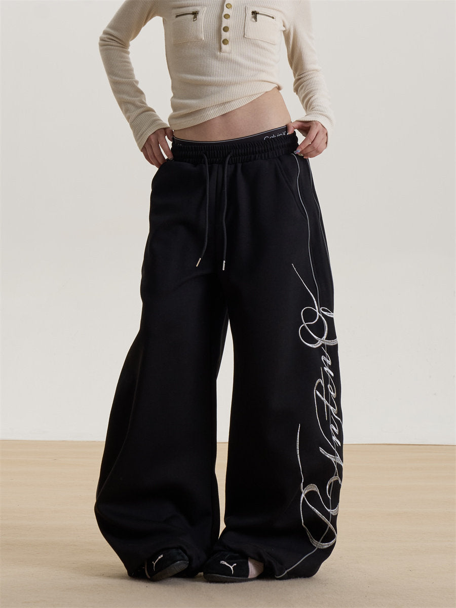 Letter Print Wide-Leg Sweatpants for Women, New Spring and Summer Loose Long Pants, Sports Casual Pants