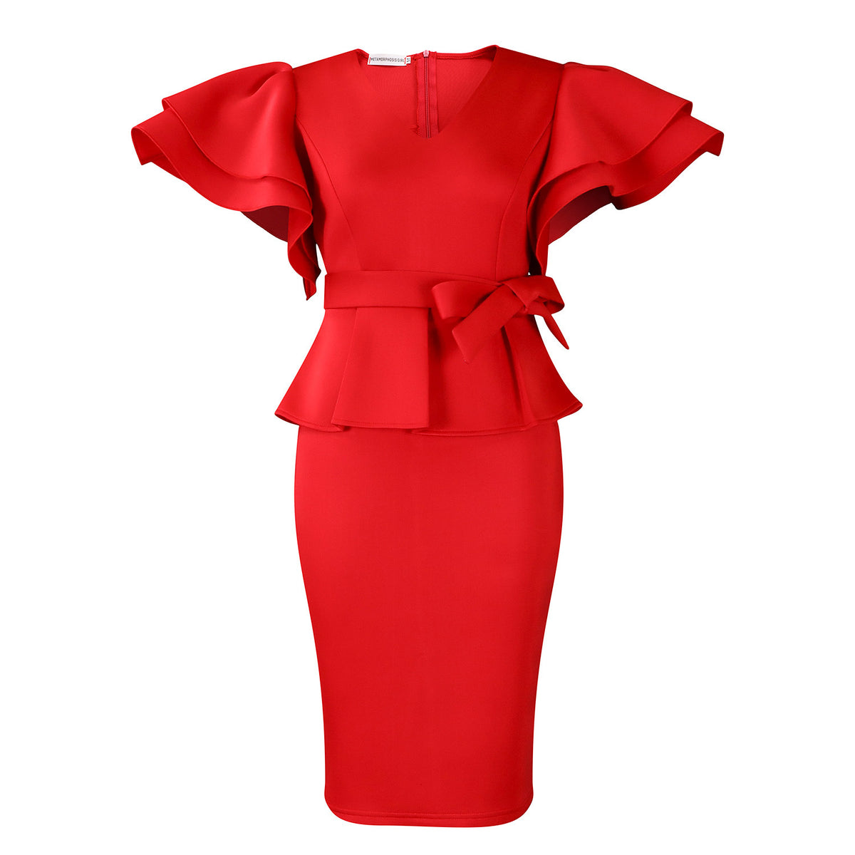 Elegant dress with lotus-leaf trim and solid color