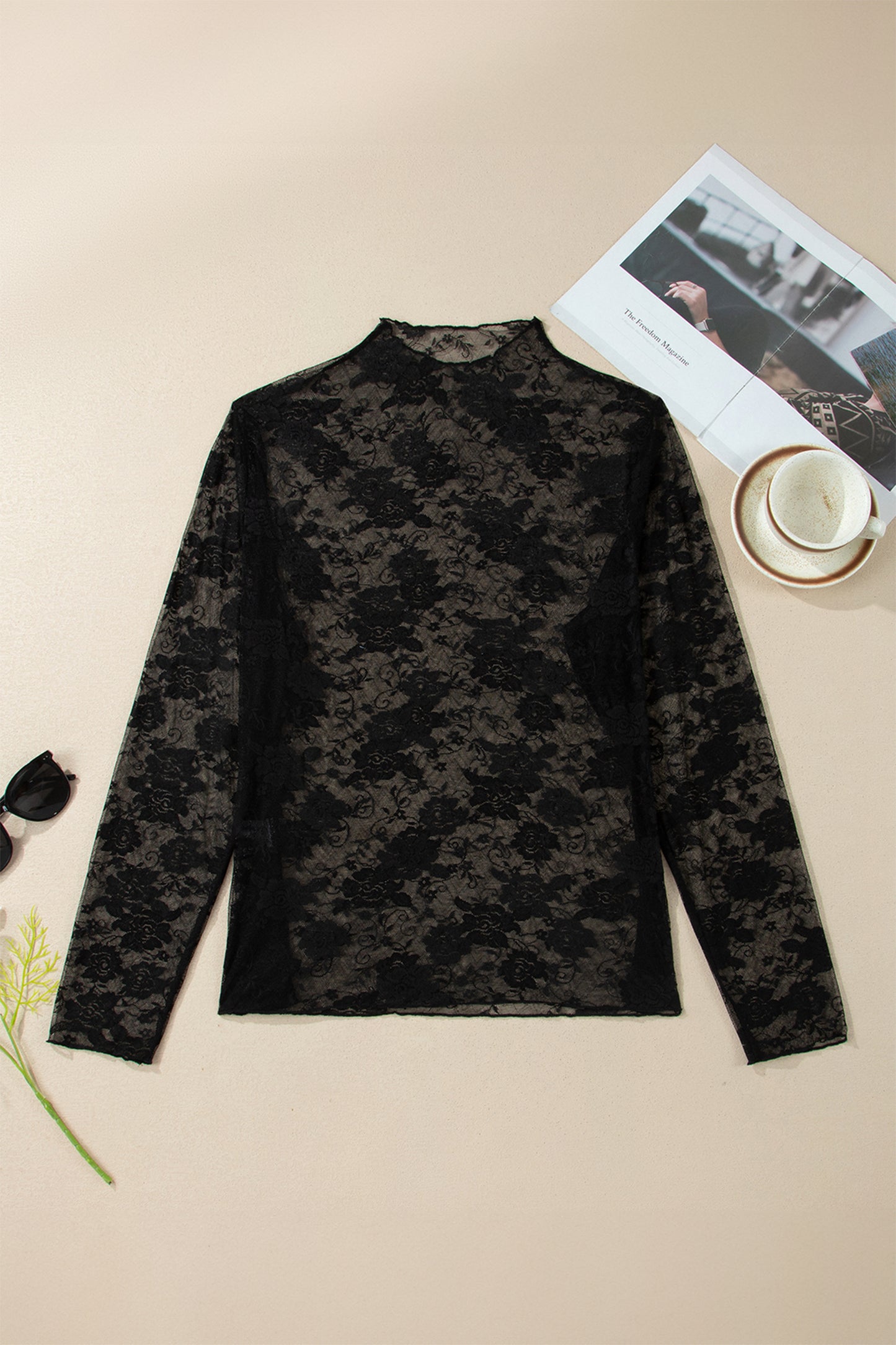 Top met lange mouwen en bloemenprint van mesh in grote maten
